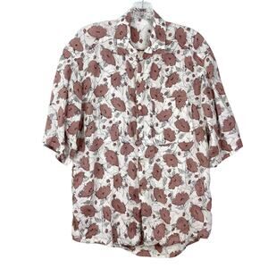 NWOT XACUS Shirt Men S ITALY Floral White Brown Linen?Pocket Button-Up Short-Slv
